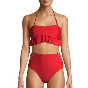 XOXO Womens Medium Ruffled Peplum Bandeau Bikini Top & Hi-Waist Bottom Set New